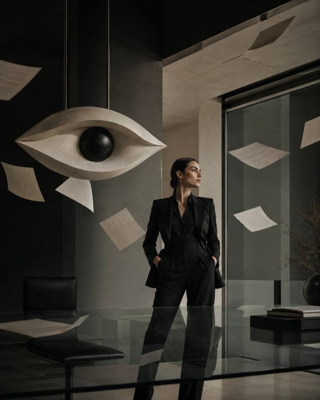 Editorial interior scene with sculptural eye installation and Seevora visual direction model