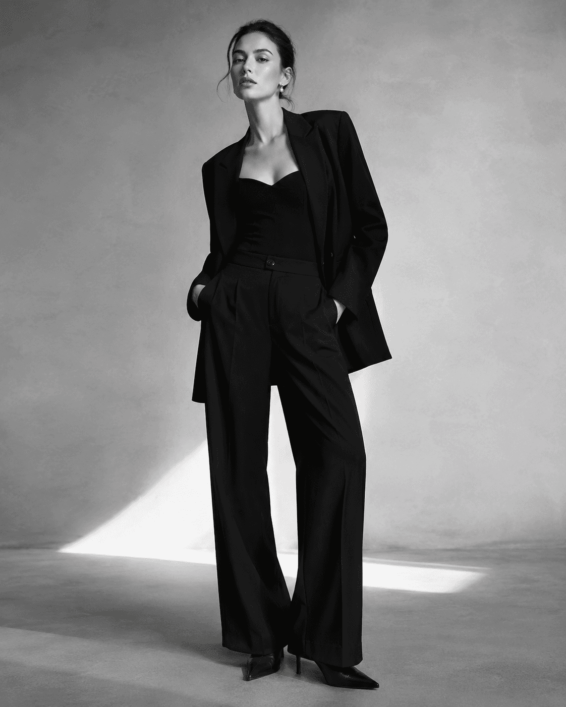 Full-length black and white studio portrait used as a Seevora mood reference
