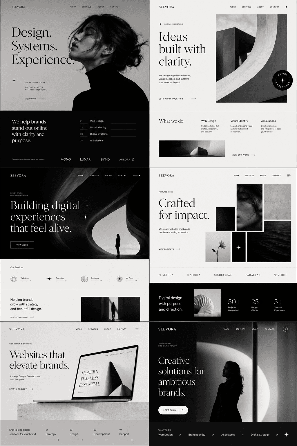 Seevora website direction reference grid in black and white