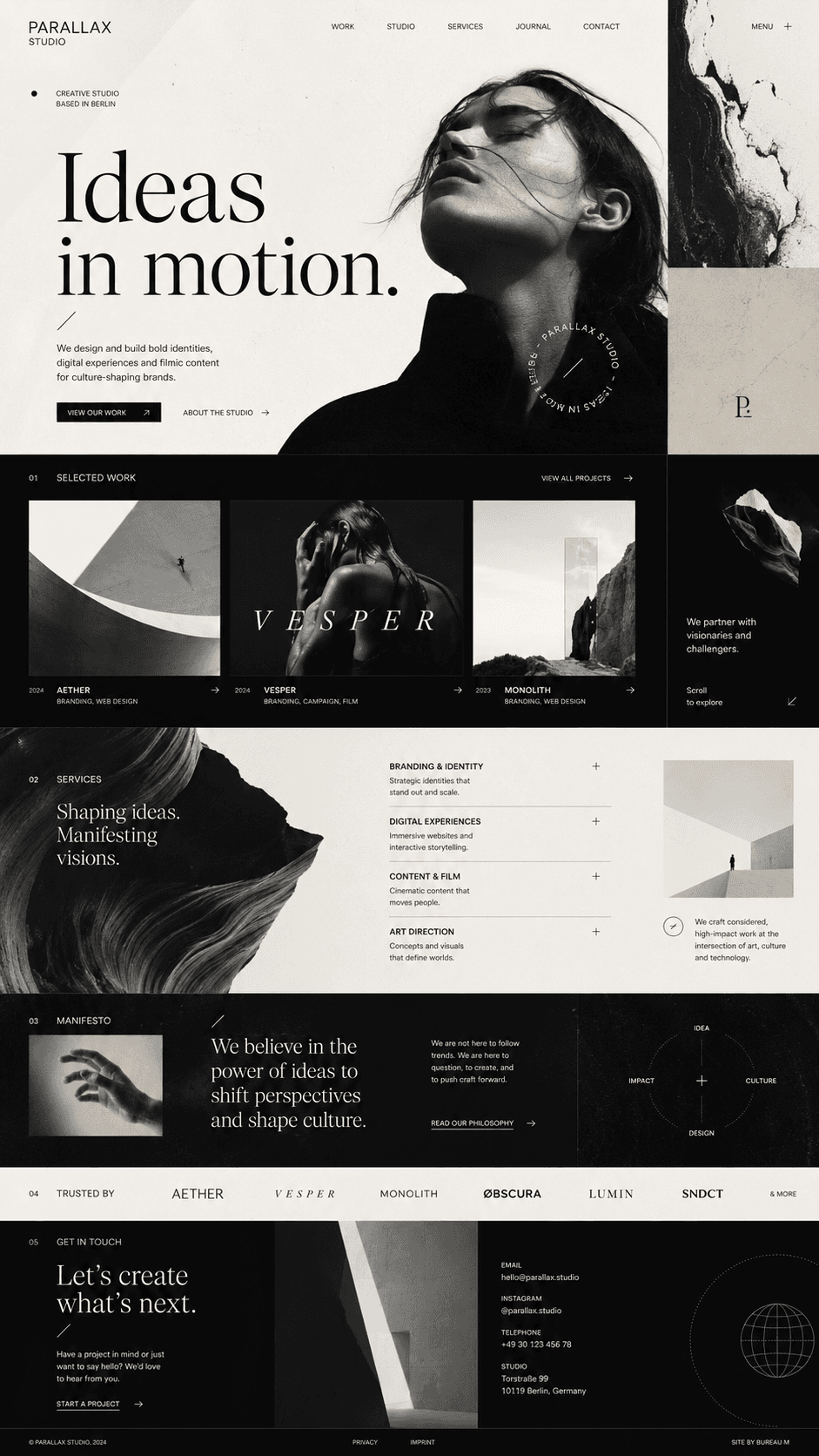 Editorial studio website reference with monochrome layout and selected work