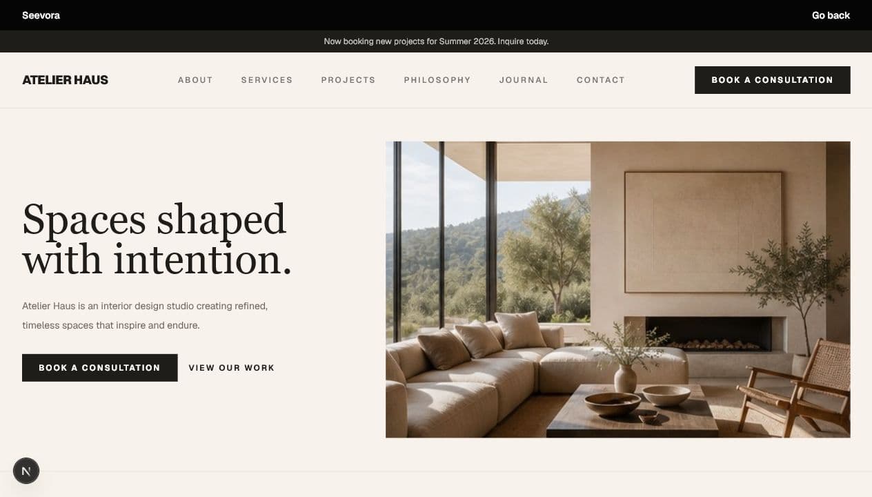 Atelier Haus interior design landing page concept preview